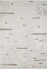 The Ebony Ivory - Washable Rug (JR1994) features a light, distressed texture with scattered geometric shapes in brown, tan, blue, and muted red. Its minimal modern design suits allergy-sensitive homes and high-traffic areas.