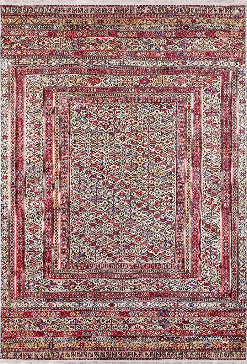 The Elegant Embellishments - Washable Rug - JR43 is a rectangular red rug with intricate white and blue geometric and floral patterns, multiple decorative borders, and a detailed central medallion—perfect for high-traffic areas.