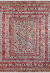 The Elegant Embellishments - Washable Rug - JR43 is a rectangular red rug with intricate white and blue geometric and floral patterns, multiple decorative borders, and a detailed central medallion—perfect for high-traffic areas.