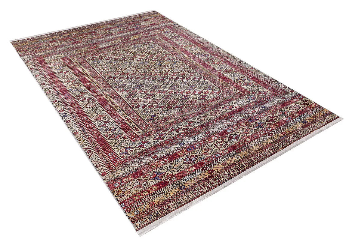 The Elegant Embellishments - Washable Rug - JR43 is a rectangular Persian-style rug with intricate geometric and floral red, cream, and brown patterns, shown angled on a white background—perfect for high-traffic areas.