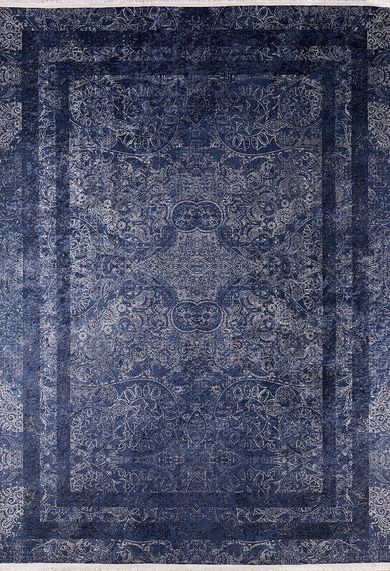 The Elegant and Modern - Washable Rug - JR1297 is a large blue rug with intricate floral and geometric patterns in deep blue and silver, featuring multiple borders for a vintage, ornate look—perfect for high-traffic areas.