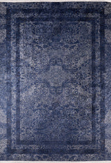 The Elegant and Modern - Washable Rug - JR1297 is a large blue rug with intricate floral and geometric patterns in deep blue and silver, featuring multiple borders for a vintage, ornate look—perfect for high-traffic areas.