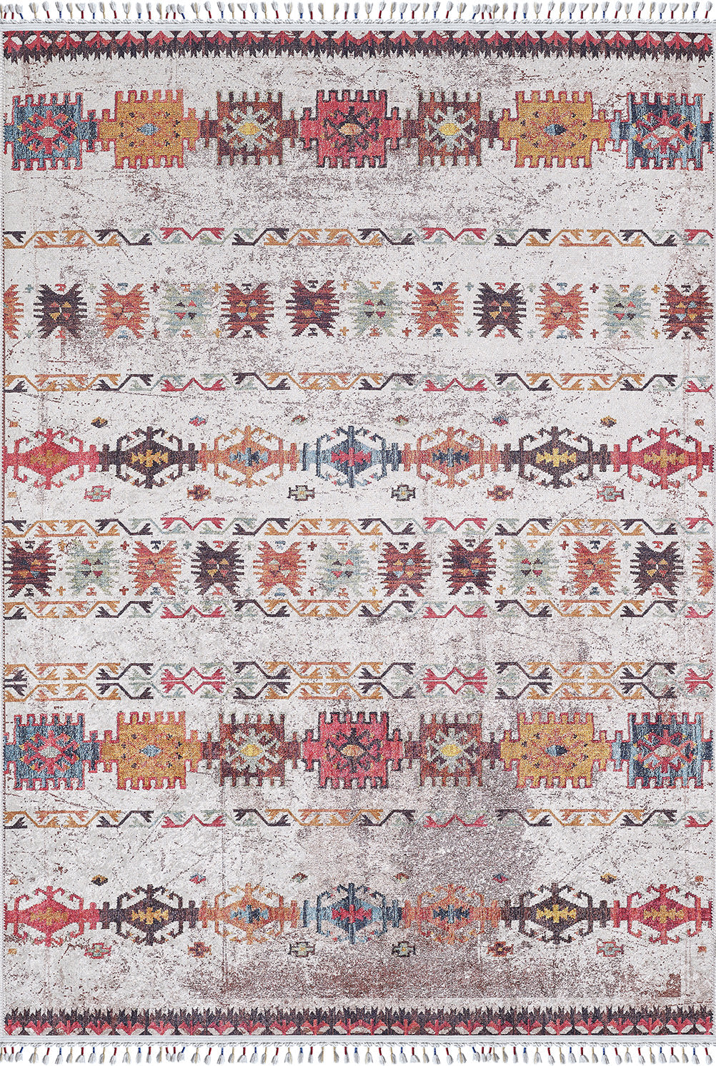 The Ethno Expanse Machine-Washable Rug (JR5046) features a distressed look with geometric and tribal patterns in red, yellow, orange, teal, and black on light beige, fringed edges—ideal for high-traffic spaces.