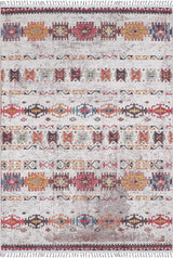 The Ethno Expanse Machine-Washable Rug (JR5046) features a distressed look with geometric and tribal patterns in red, yellow, orange, teal, and black on light beige, fringed edges—ideal for high-traffic spaces.