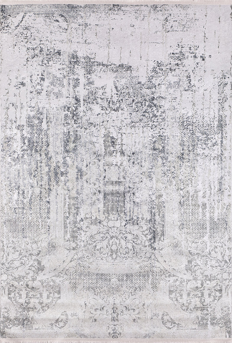 The Faint Memories - Washable Rug - JR1437 features a light gray-anthracite base with faded floral and geometric patterns for a vintage, distressed look—stylish, practical, and easy to clean for any space.