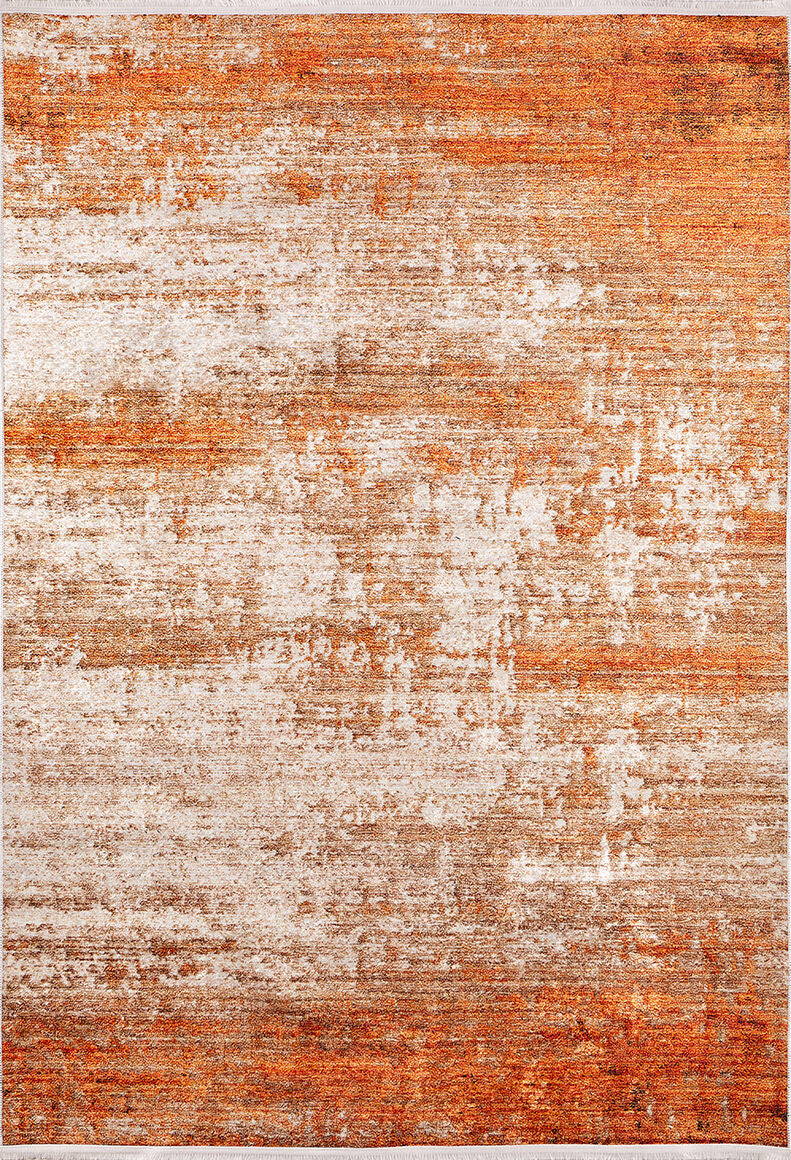 The Fluffy Brushed - Washable Rug - JR584 is a rectangular flat weave rug with a distressed abstract pattern in orange, rust, and beige tones for a textured, weathered look.