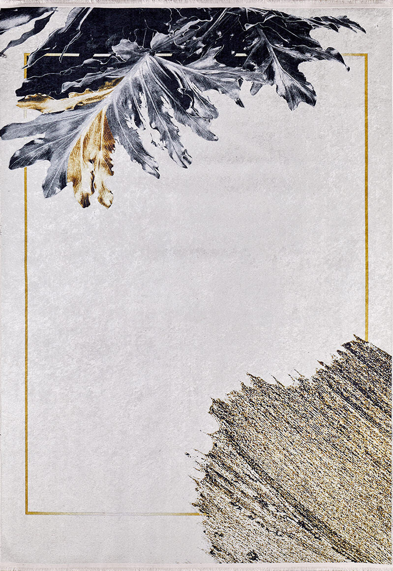 The Funky Floral Frenzy - Machine-Washable Rug JR1376 features bold dark leafy motifs, gold and black texture accents, and a slim gold border on a beige background—perfect for high-traffic spaces and lovers of cream and beige rugs.