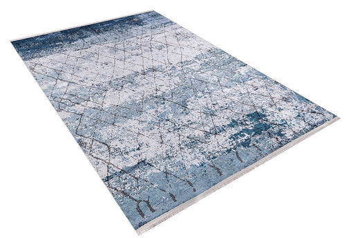 Load image 1 in gallery view. The Geometric Glimmers JR1423 is a rectangular washable rug with a modern blue, gray, and white abstract design of intersecting lines and a distressed texture—ideal for high-traffic areas.