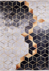 The Geometric Harmony - Washable Rug - JR1271 features a modern 3D cube pattern in gray, black, gold, and white with gold outlines and gradient shading, creating a stylish and practical gray-anthracite accent for any space.