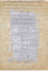 The Geometric Trellis - Washable Rug - JR931 features a rectangular shape, faded beige color, and center pale gray patch. Its durable design and uneven edges make it perfect for high-traffic areas, blending style with practicality.