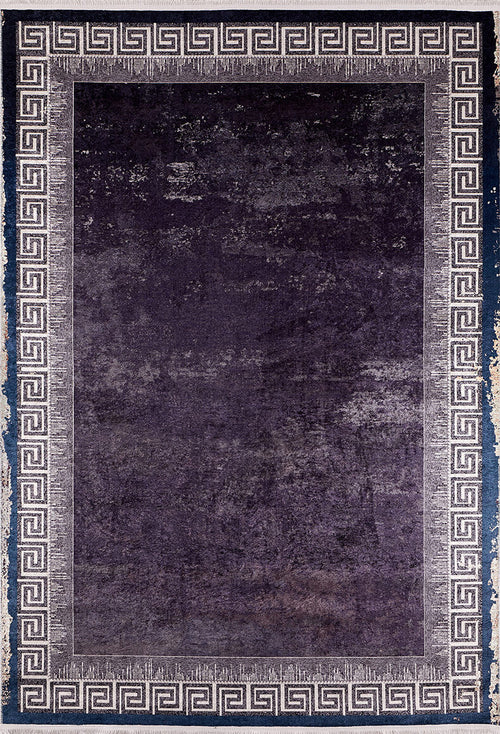 Load image 1 in gallery view. The Geometric and Chic - Washable Rug - JR1273 features a dark purple center, a light gray Greek key border, and a blue background—perfect for high-traffic areas.