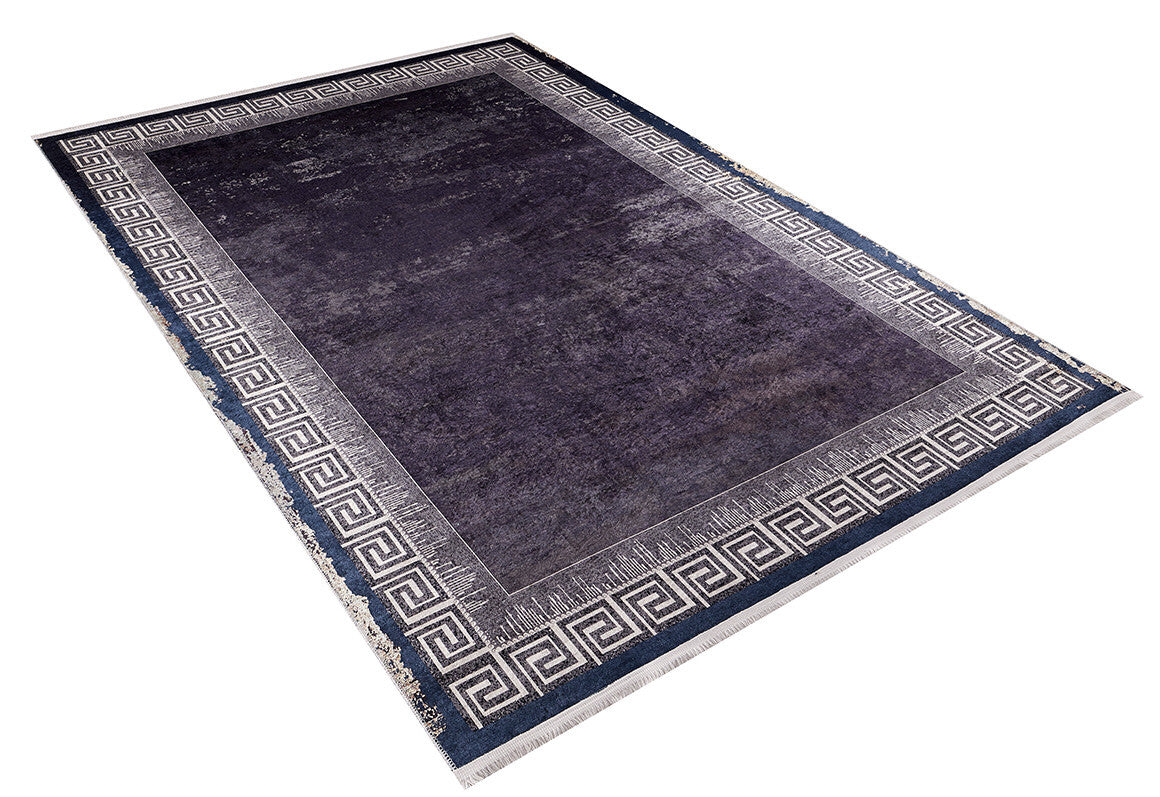The Geometric and Chic - Washable Rug - JR1273 features a deep purple center, wide navy blue border with Greek key pattern in white and light gray, and short light fringe on the ends—perfect for high-traffic areas.
