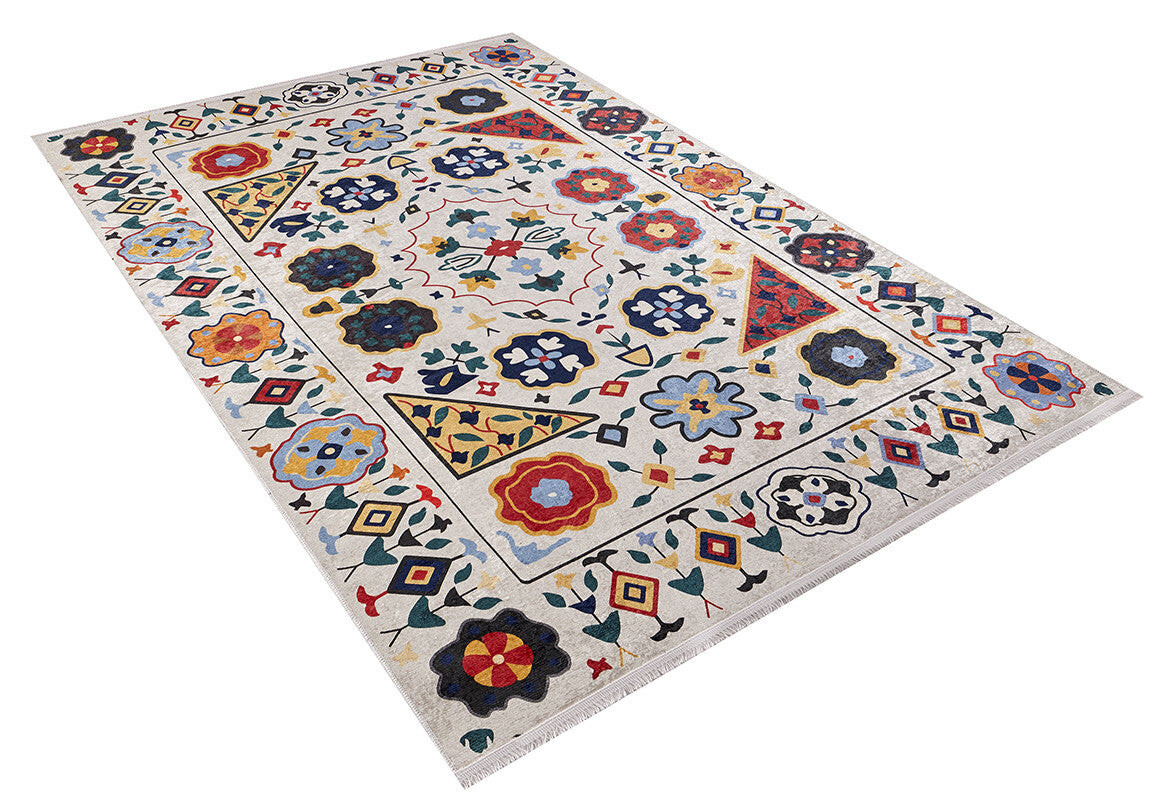 The Global Gathering - Washable Rug - JR608 is a rectangular multicolor rug with a cream background, vivid floral and geometric patterns in red, blue, yellow, green, and black, plus a detailed border—ideal for high-traffic areas.
