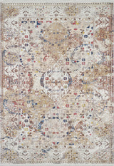 The Global Getaway - Washable Rug - JR1667 is a rectangular, ornate rug with a distressed vintage design in beige, brown, white, blue, red, and gold. Its durable build is perfect for high-traffic areas while exuding classic antique charm.