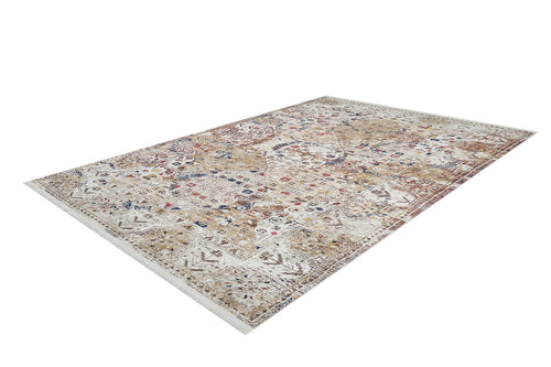 Load image 1 in gallery view. The Global Getaway - Washable Rug - JR1667 is a rectangular rug with a distressed, multicolored cream and beige traditional pattern, fringed edges, and is perfect for high-traffic areas. Shown on a white background.