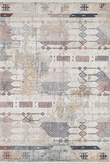 The Global Glamour - Washable Rug - JR1708 is a rectangular flat weave rug with a distressed, faded look and geometric diamond, arrow, and tribal motifs in muted blue, yellow, brown, and cream—stylish and easy to wash.