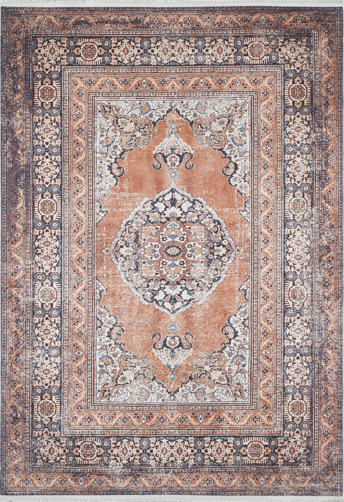 The Golden Legacy - Washable Rug - JR1931 features an ornate vintage floral pattern in rust orange, navy blue, cream, and beige with a bold central medallion. This rectangular rug is ideal for high-traffic areas and easy to maintain.