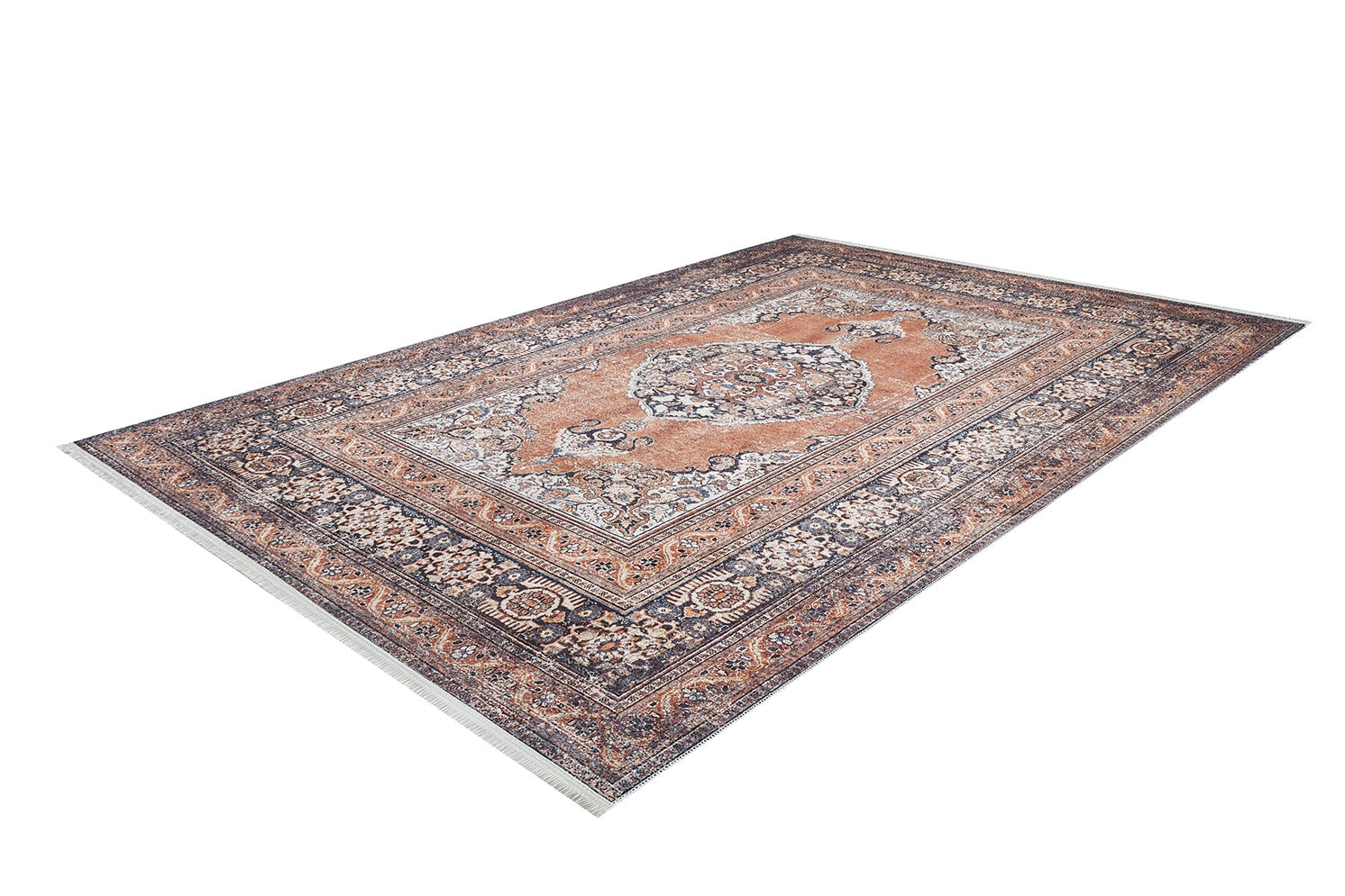 The Golden Legacy - Washable Rug - JR1931 is a rectangular Persian-style rug featuring a central medallion, intricate floral patterns, and rich terracotta and navy tones—perfect for high-traffic areas and shown on a white background.