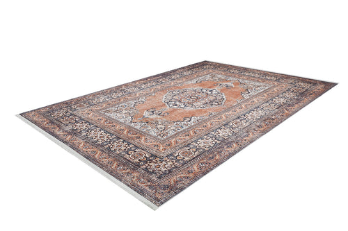 Load image 1 in gallery view. The Golden Legacy - Washable Rug - JR1931 is a rectangular Persian-style rug featuring a central medallion, intricate floral patterns, and rich terracotta and navy tones—perfect for high-traffic areas and shown on a white background.