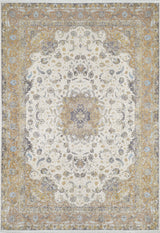 The Golden Oasis - Washable Rug - JR1930 features a central medallion and ornate floral patterns in beige, gold, blue, and gray. Durable, easy to maintain, and perfect for high-traffic spaces.