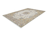 The Golden Oasis - Washable Rug - JR1930 is a rectangular rug with an intricate beige, gold, and gray floral pattern and a central medallion—ideal for allergy-sensitive homes and high-traffic areas. Shown on a white background.