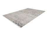 The Graceful Tapestry - Washable Rug - JR1975 features a rectangular, flat weave design with a distressed vintage pattern in beige, gray, and cream tones, subtle floral and abstract motifs, and short fringes on two edges.