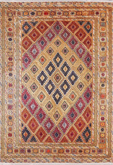 The Grandiose Grace - Washable Rug - JR44 features a durable, washable design with geometric diamond shapes in red, yellow, and black, accented by multicolored borders and symmetrical patterns—ideal for high-traffic spaces.