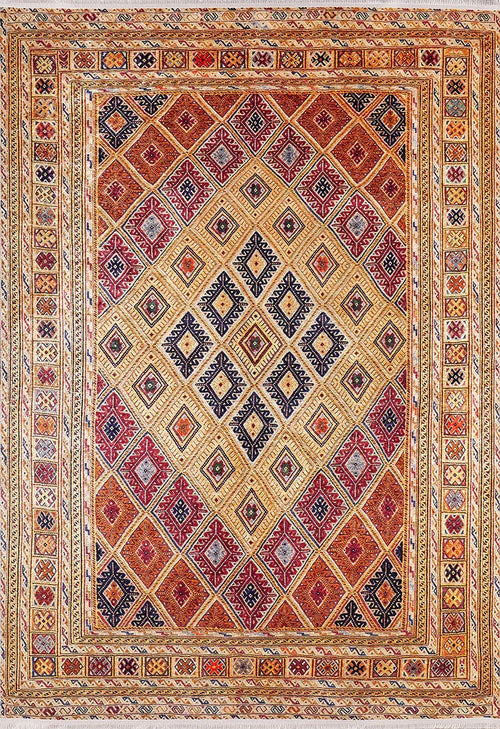 Bild 1 in Galerieansicht laden. The Grandiose Grace - Washable Rug - JR44 features a durable, washable design with geometric diamond shapes in red, yellow, and black, accented by multicolored borders and symmetrical patterns—ideal for high-traffic spaces.