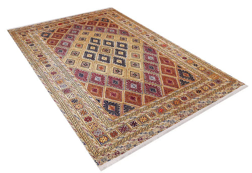 Bild 1 in Galerieansicht laden. The Grandiose Grace - Washable Rug - JR44 features a rectangular Persian design with intricate geometric patterns in red, yellow, blue, and beige. A central diamond motif and multiple borders accent the rug, which has fringed shorter sides—perfect for high-traffic areas.