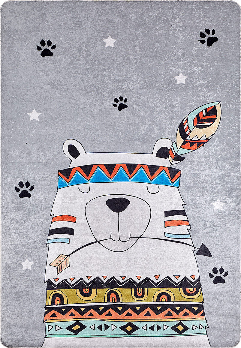 The Groovy Bear - Machine-Washable Rug JRC093 features a calm cartoon bear with a feather headband, tribal patterns, paw prints, and stars on a gray-anthracite background—perfect for high-traffic areas thanks to its soothing look and easy care.