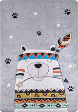 The Groovy Bear - Machine-Washable Rug JRC093 features a calm cartoon bear with a feather headband, tribal patterns, paw prints, and stars on a gray-anthracite background—perfect for high-traffic areas thanks to its soothing look and easy care.