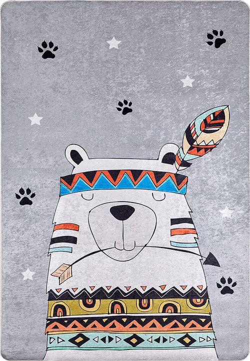 Load image 1 in gallery view. The Groovy Bear - Machine-Washable Rug JRC093 features a calm cartoon bear with a feather headband, tribal patterns, paw prints, and stars on a gray-anthracite background—perfect for high-traffic areas thanks to its soothing look and easy care.