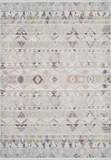 The Gypsy Glam - Washable Rug - JR1716 is a patterned rug with geometric shapes in muted beige, gray, and cream, accented by red, blue, yellow, and green. Its distressed vintage look makes it perfect for high-traffic areas.