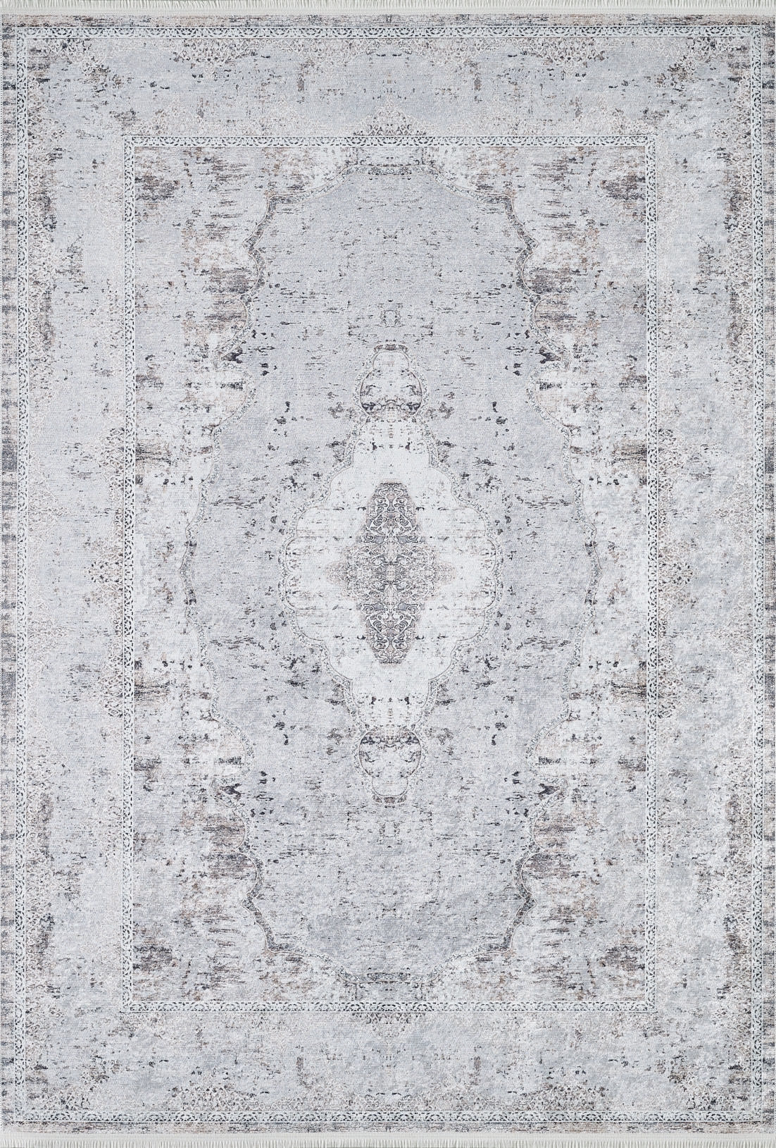 The Heritage Jewel - Washable Rug - JR1778 is a large, rectangular flat weave featuring a distressed vintage-inspired pattern in light gray and beige with a central medallion and ornate border designs.