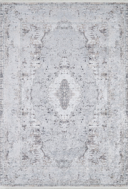 Load image 1 in gallery view. The Heritage Jewel - Washable Rug - JR1778 is a large, rectangular flat weave featuring a distressed vintage-inspired pattern in light gray and beige with a central medallion and ornate border designs.