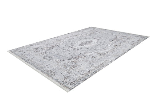 Load image 1 in gallery view. The Heritage Jewel - Washable Rug - JR1778 is a rectangular, light grey flat weave rug featuring a subtle, faded intricate pattern and slightly fringed edges, shown against a white background.