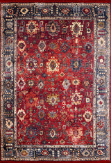 The Historic Hues - Washable Rug - JR898 (Outlet) US is a rectangular red Persian-style rug with ornate floral and geometric patterns in cream, blue, and gold, plus a wide navy border—perfect for adding elegant durability to high-traffic spaces.