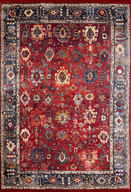 Load image 1 in gallery view. The Historic Hues - Washable Rug - JR898 (Outlet) US is a rectangular red Persian-style rug with ornate floral and geometric patterns in cream, blue, and gold, plus a wide navy border—perfect for adding elegant durability to high-traffic spaces.