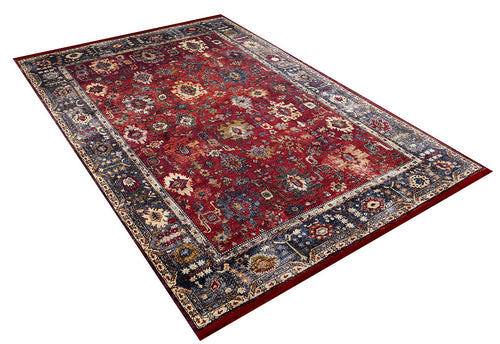 Load image 1 in gallery view. The Historic Hues - Washable Rug - JR898 (Outlet) US is a rectangular red rug with a rich center, detailed floral and geometric designs, and a dark blue border—ideal for high-traffic spaces.
