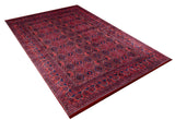 The Imperial Impressions - Washable Rug - JR1132 is a large red Persian rug with an intricate geometric diamond pattern and ornate border in red, blue, and black, ideal for high-traffic areas and shown on a white background.