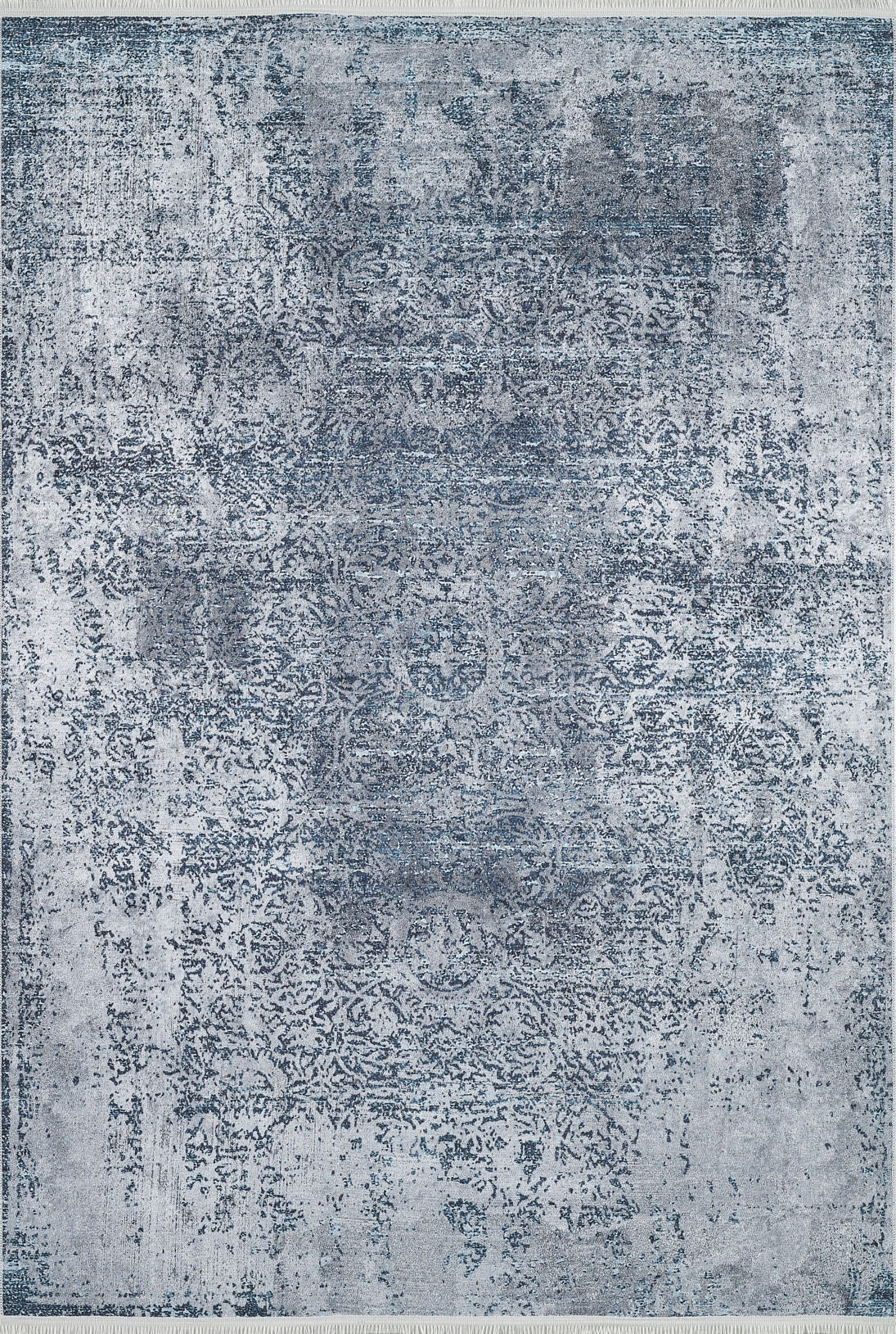 The Imperial Lace - Washable Rug - JR1607 is a rectangular rug with a distressed vintage blue and gray pattern, featuring faded ornate designs and a weathered look—ideal for high-traffic areas.