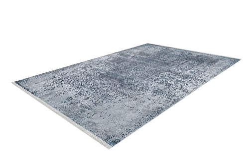 Load image 1 in gallery view. The Imperial Lace - Washable Rug - JR1607 is a rectangular blue rug with a gray distressed pattern, short white fringe on the ends, and a modern textured look—perfect for high-traffic areas. Shown on a white background.