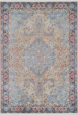 The Imperial Weave - Washable Rug - JR1969 features an intricate symmetrical floral and medallion design in blue, beige, red, and gold with detailed borders—elegant, durable, and perfect for high-traffic spaces.