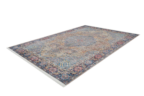 Load image 1 in gallery view. The Imperial Weave - Washable Rug - JR1969 features a rectangular design with a central medallion in blue, beige, and red, detailed floral borders, and is ideal for high-traffic areas—shown on a white background.