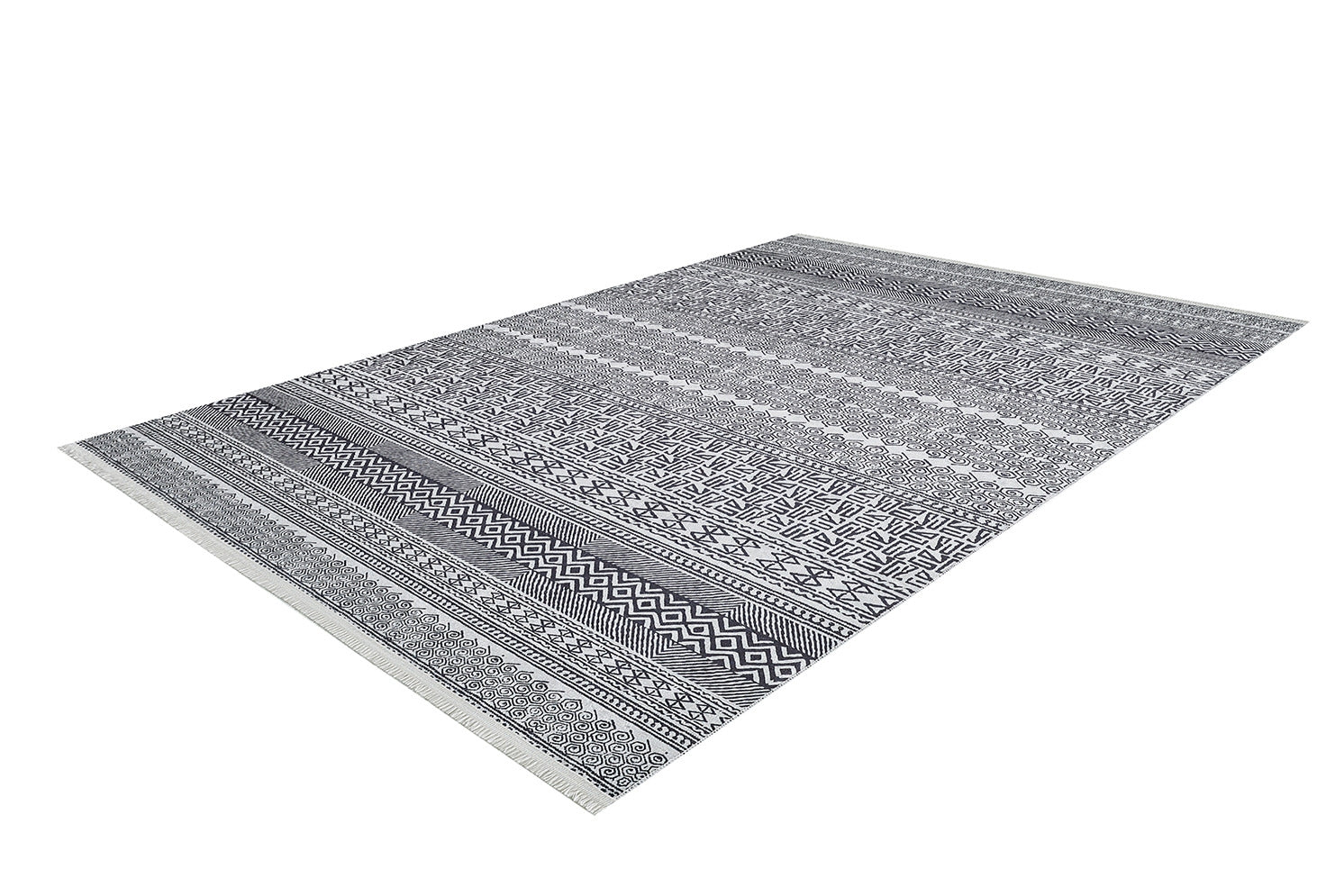 The Indie Impressions - Washable Rug - JR1648 is a rectangular gray-anthracite rug with black and white geometric and tribal patterns in horizontal stripes. Durable and washable, it’s perfect for high-traffic areas, shown on a white background.