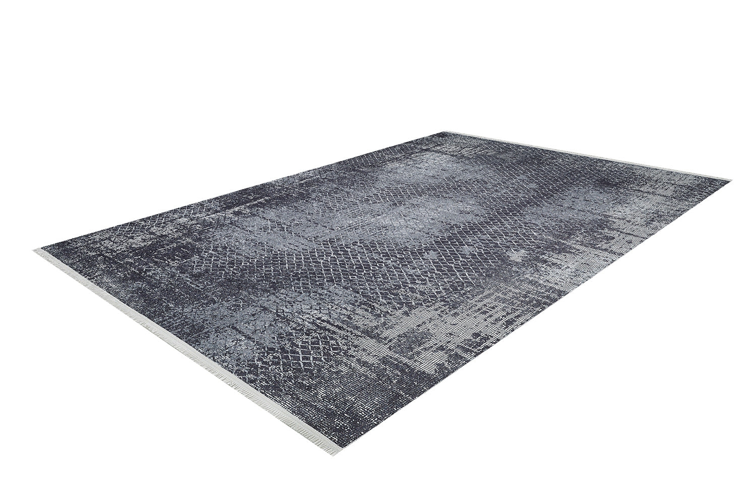 The Infinity Garden - Washable Rug - JR1749 is a rectangular, distressed rug in gray and black tones, featuring a textured pattern. It's washable and perfect for high-traffic spaces, shown here on a white background.