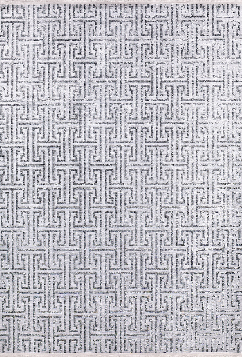 The Jazz Age - Washable Rug - JR1225 features a gray and white geometric maze pattern with interlocking rectangles, offering a textured, metallic effect—perfect as a gray-anthracite washable rug for high-traffic spaces.
