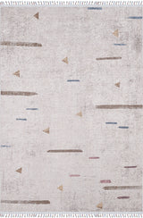 The Kaleidoscope Dreams - Washable Rug - JR5055 features a distressed light beige background with small triangles and thin lines in muted brown, blue, and red, plus short fringe on both ends—ideal for high-traffic spaces.