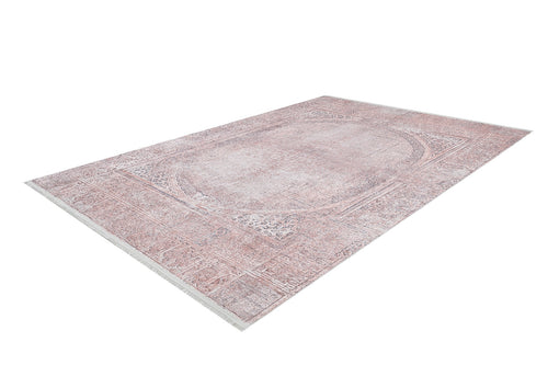 Load image 1 in gallery view. The Luxurious Design - Washable Rug - JR1924 is a rectangular, soft pink vintage-style rug with a faded ornate pattern and decorative borders, ideal for high-traffic areas, shown on a white background.