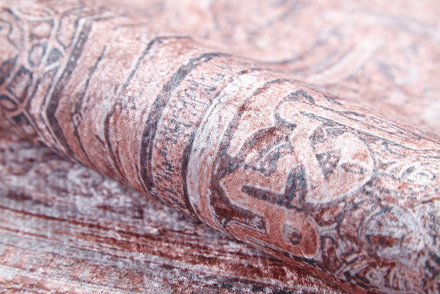 A close-up of the Luxurious Design - Washable Rug - JR1924, showcasing intricate faded brown and sepia patterns with a soft, velvety texture—ideal for high-traffic areas.